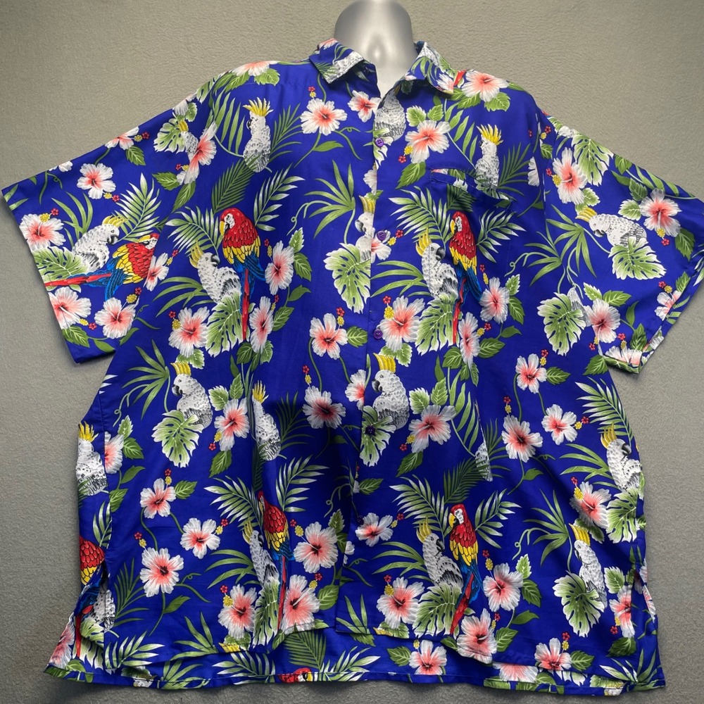 Blue Hawaiian Shirt Parrot Hibiscus Tropical Short Sleeve Button Up Men 3XL